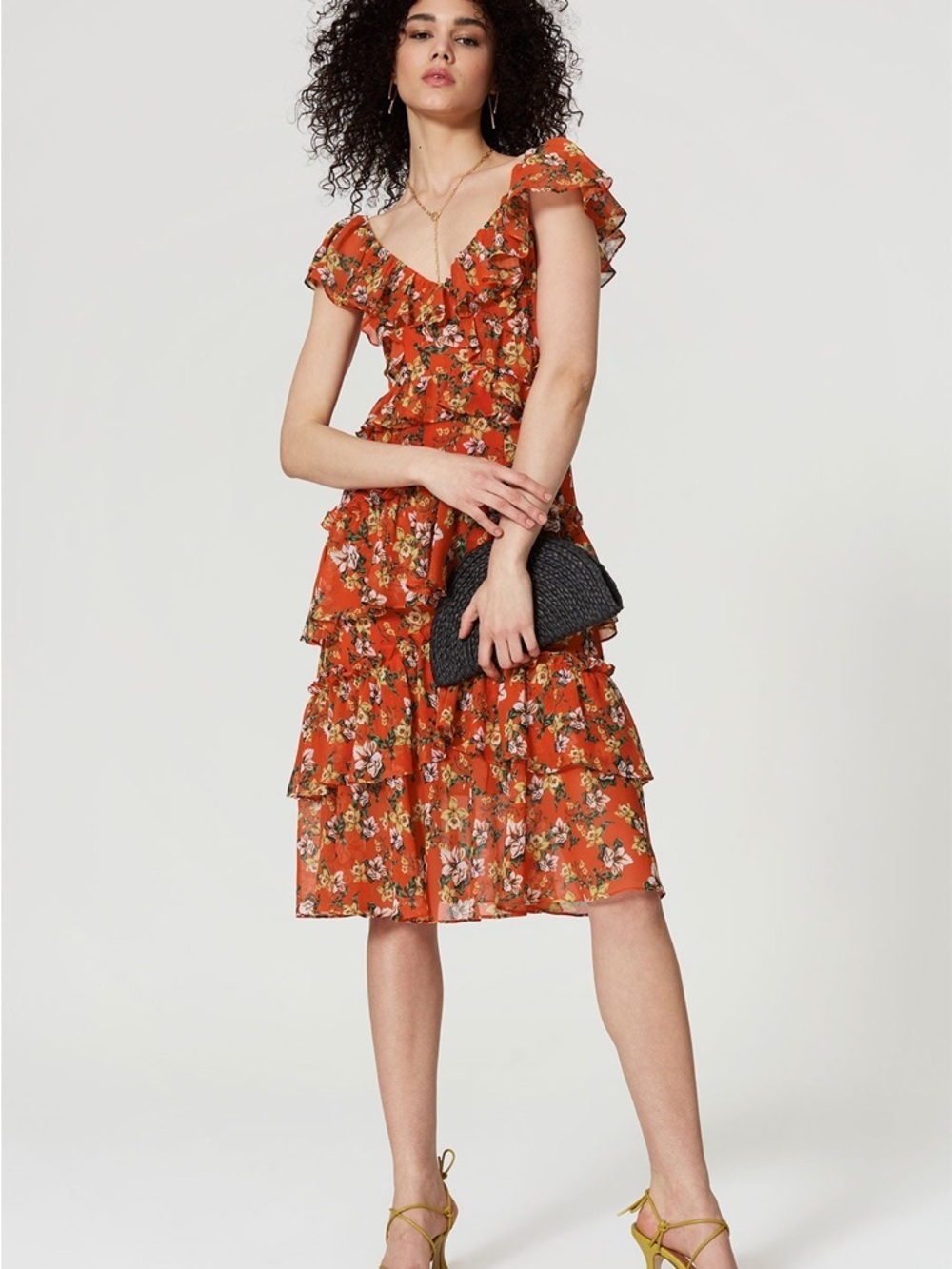 Marissa Webb Rust Floral Tiered Magnolia Bouquet Ruffle Midi Dress